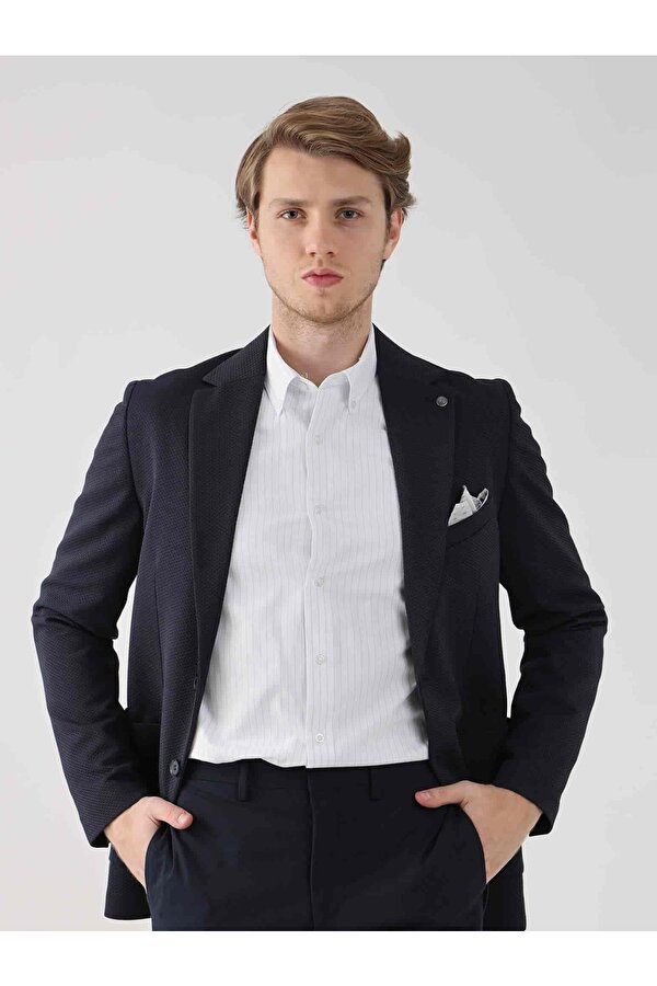 Dufy Lacivert Erkek Slim Fit Armürlü  Mono Yaka Ceket - 95392