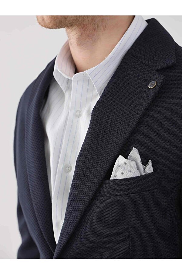 Dufy Lacivert Erkek Slim Fit Armürlü  Mono Yaka Ceket - 95392