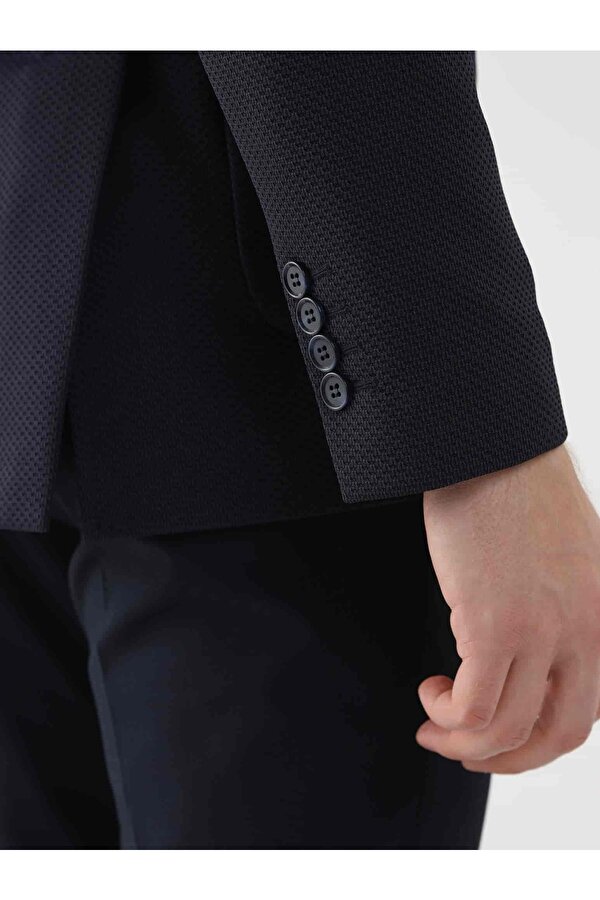 Dufy Lacivert Erkek Slim Fit Armürlü  Mono Yaka Ceket - 95392