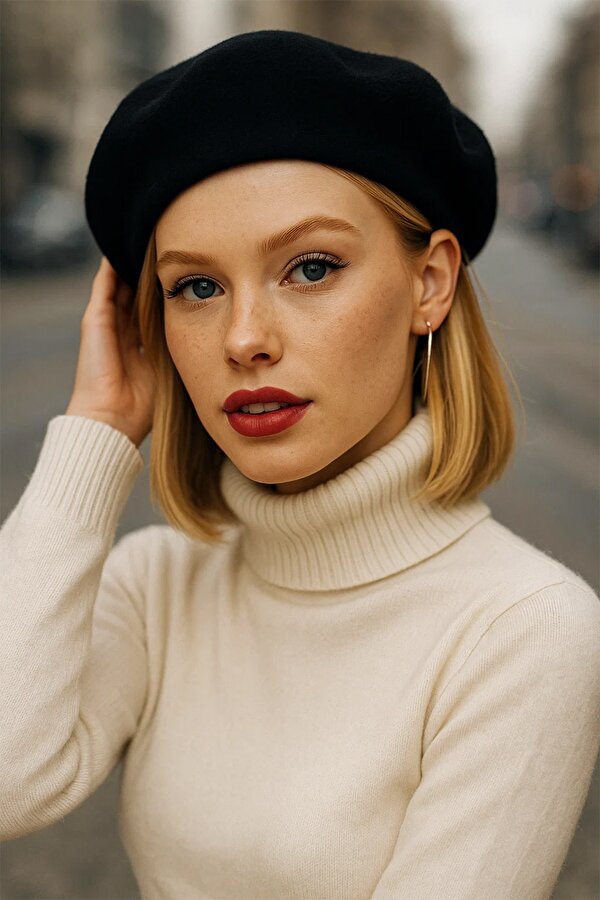 BAHELS Siyah Fransız Ressam Keçe Bere Şapka