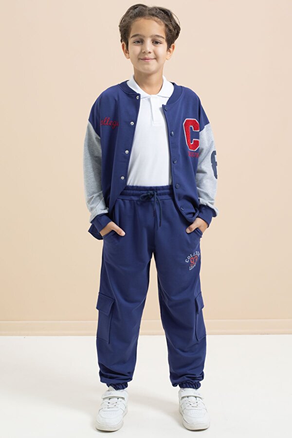 Cansın Mini Mavi Yazı Nakışlı Kolej Ceketli Erkek Çocuk Eşofman Takımı 21224
