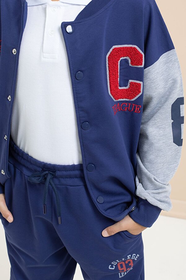 Cansın Mini Mavi Yazı Nakışlı Kolej Ceketli Erkek Çocuk Eşofman Takımı 21224
