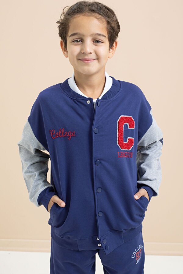 Cansın Mini Mavi Yazı Nakışlı Kolej Ceketli Erkek Çocuk Eşofman Takımı 21224