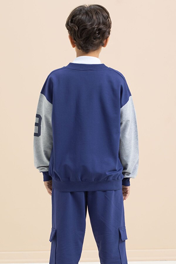 Cansın Mini Mavi Yazı Nakışlı Kolej Ceketli Erkek Çocuk Eşofman Takımı 21224