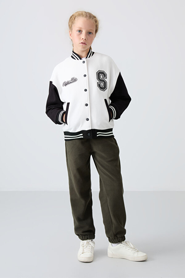 TOMMYLIFE Ekru Pamuklu İçi Tüylü Yumuşak Dokulu Standart Fit Nakışlı Kız Çocuk Kolej Ceket - 75163