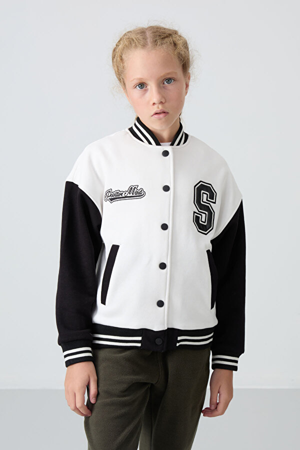 TOMMYLIFE Ekru Pamuklu İçi Tüylü Yumuşak Dokulu Standart Fit Nakışlı Kız Çocuk Kolej Ceket - 75163