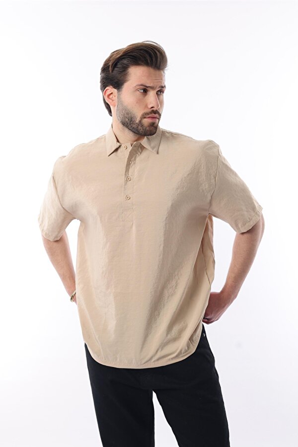 Madmext Bej Oversize Rahat Kesim Kısa Kollu Gömlek 6744