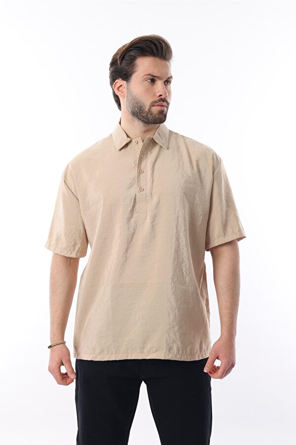 Madmext Bej Oversize Rahat Kesim Kısa Kollu Gömlek 6744