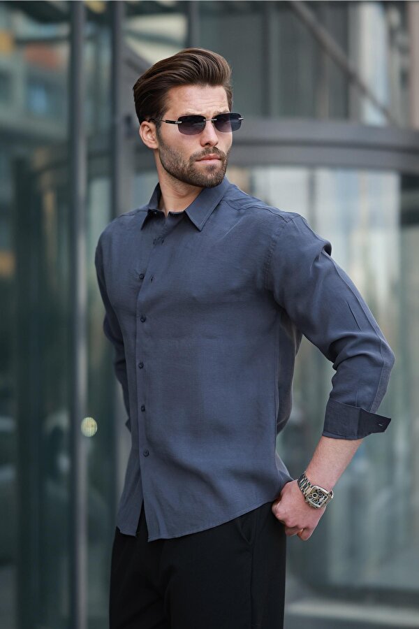 Madmext Füme  Basic Uzun Kollu Erkek Gömlek E6762