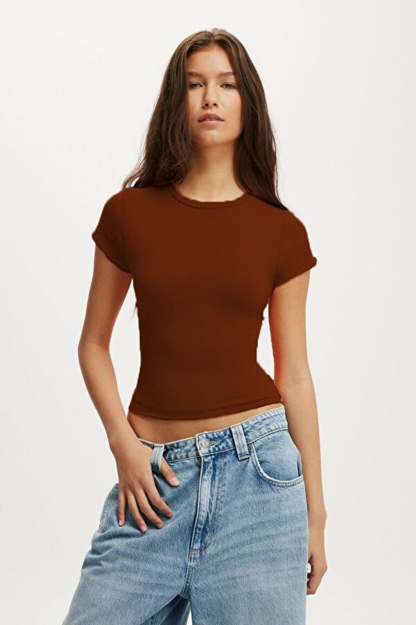 Madmext Kahverengi Bisiklet Yaka Basic Kadın T-shirt Mg2479