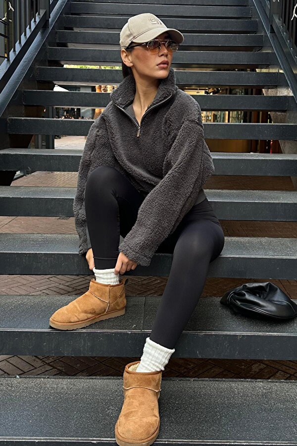 Madmext Füme Fermuar Yaka Kürklü Kadın Sweatshirt MG2261