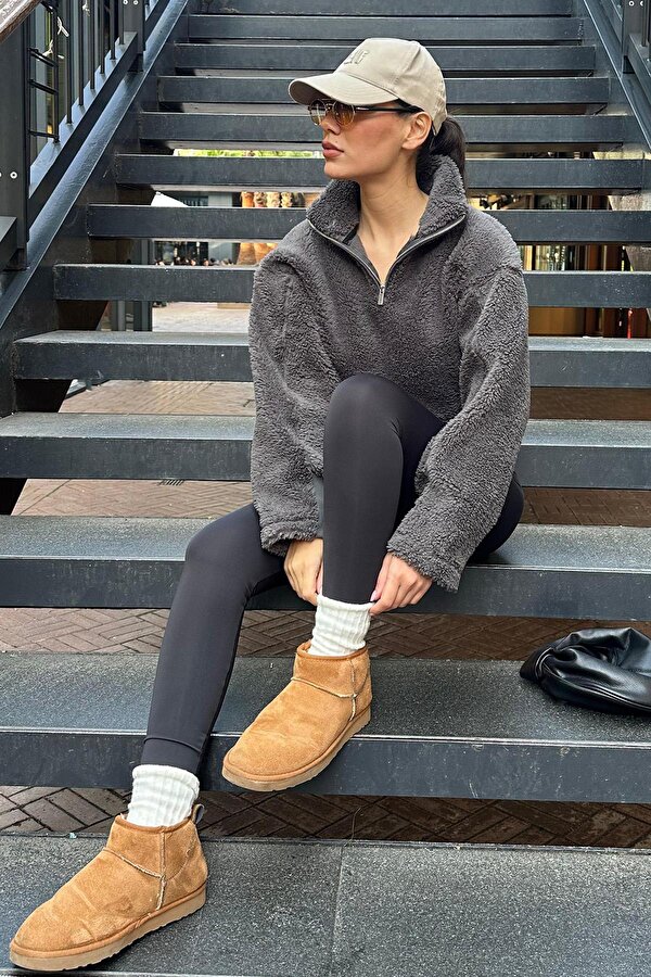 Madmext Füme Fermuar Yaka Kürklü Kadın Sweatshirt MG2261