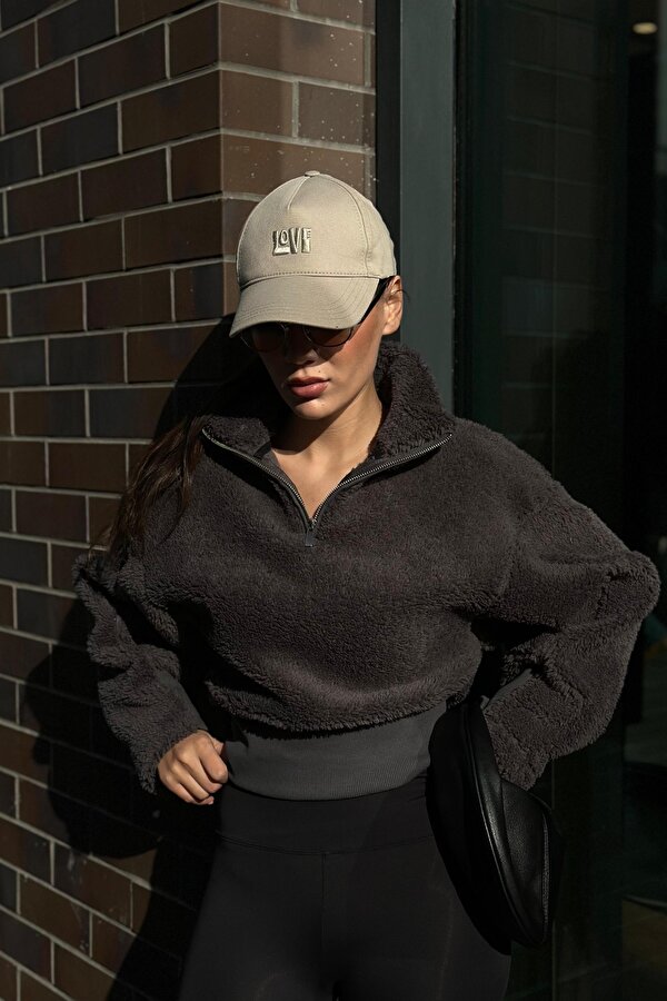 Madmext Füme Fermuar Yaka Kürklü Kadın Sweatshirt MG2261