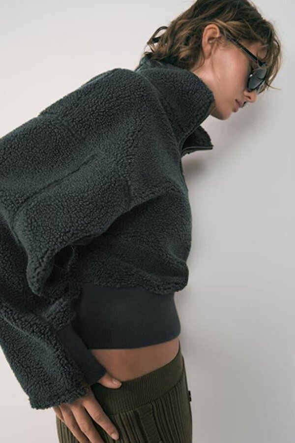 Madmext Füme Fermuar Yaka Kürklü Kadın Sweatshirt MG2261