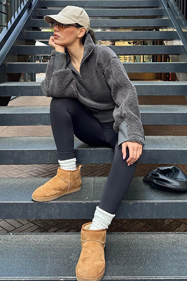 Madmext Füme Fermuar Yaka Kürklü Kadın Sweatshirt MG2261