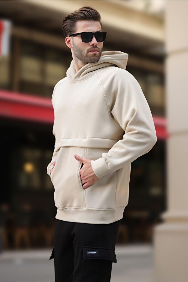 Madmext Bej Kapüşonlu Cep Detaylı Erkek Sweatshirt 7092
