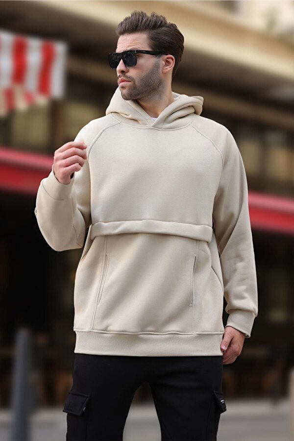 Madmext Bej Kapüşonlu Cep Detaylı Erkek Sweatshirt 7092