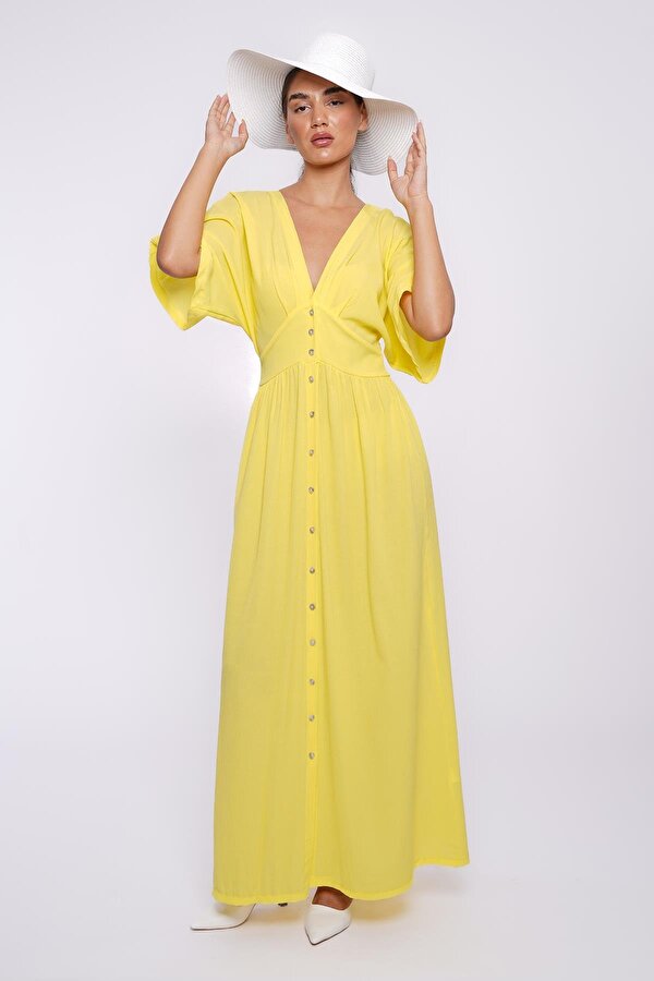 Madmext Sarı V Yaka Düğmeli Elbise Mg2339