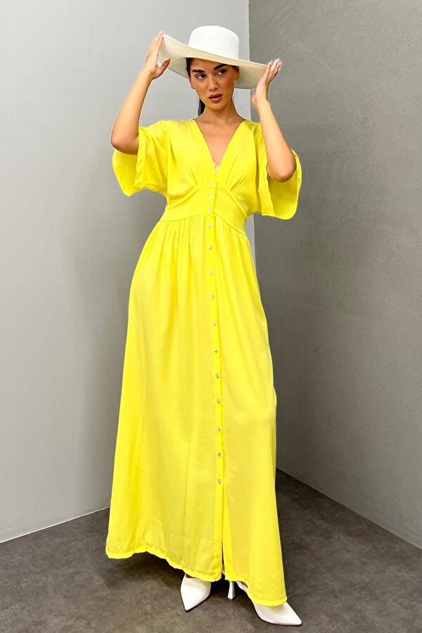 Madmext Sarı V Yaka Düğmeli Elbise Mg2339