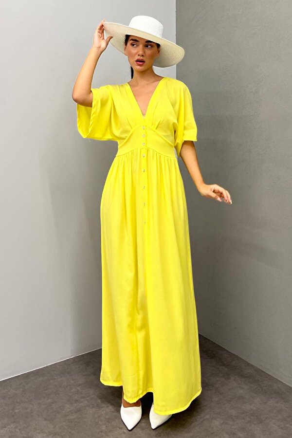 Madmext Sarı V Yaka Düğmeli Elbise Mg2339