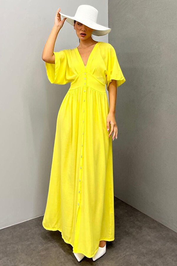 Madmext Sarı V Yaka Düğmeli Elbise Mg2339