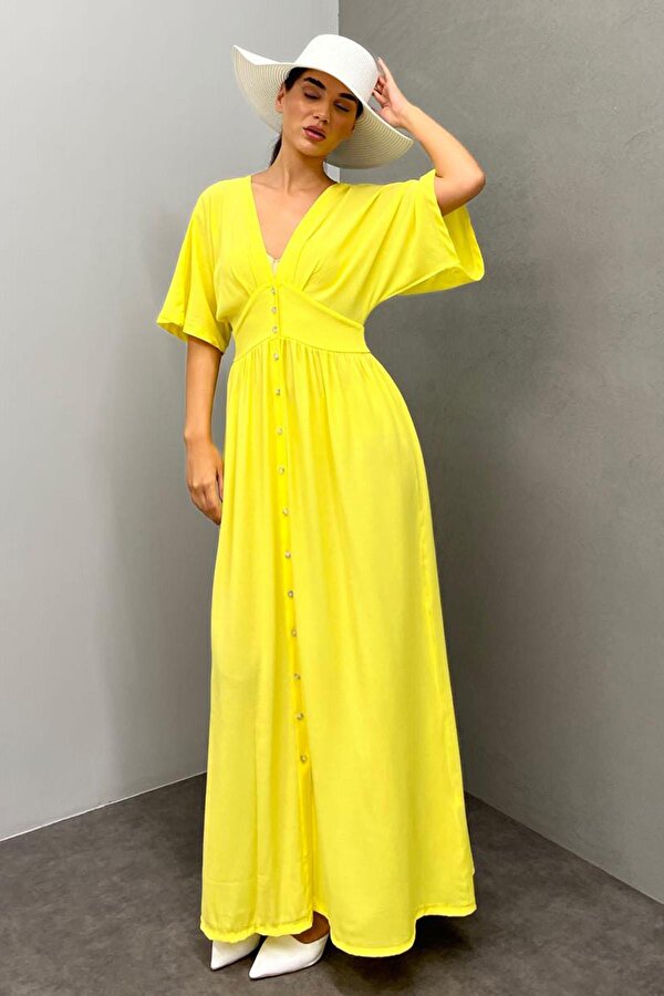 Madmext Sarı V Yaka Düğmeli Elbise Mg2339