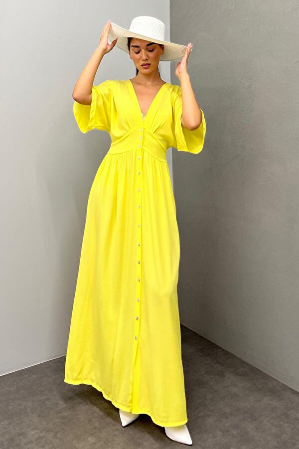 Madmext Sarı V Yaka Düğmeli Elbise Mg2339