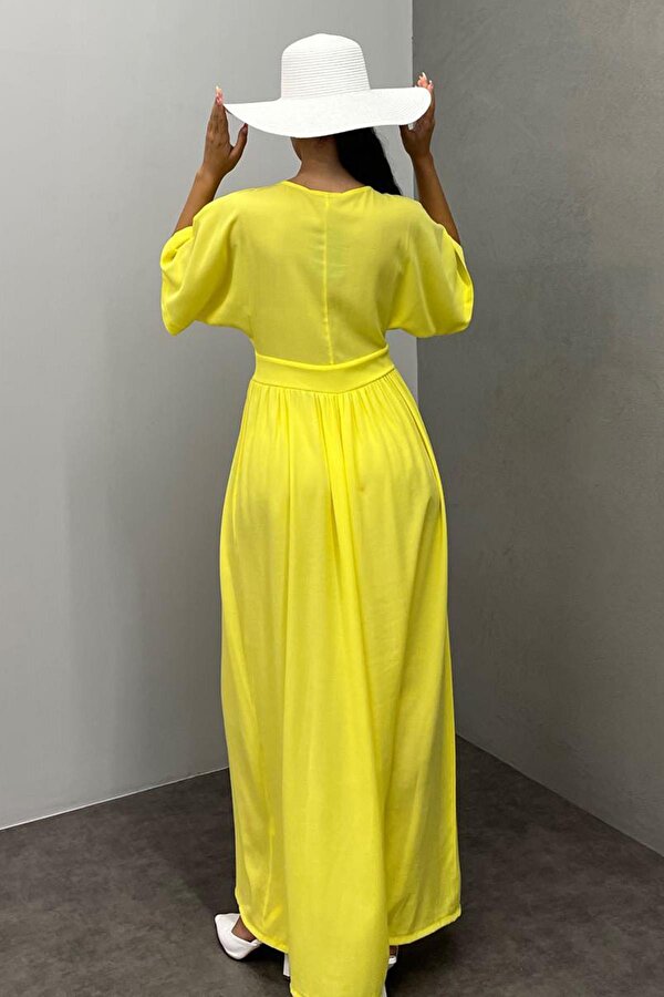 Madmext Sarı V Yaka Düğmeli Elbise Mg2339