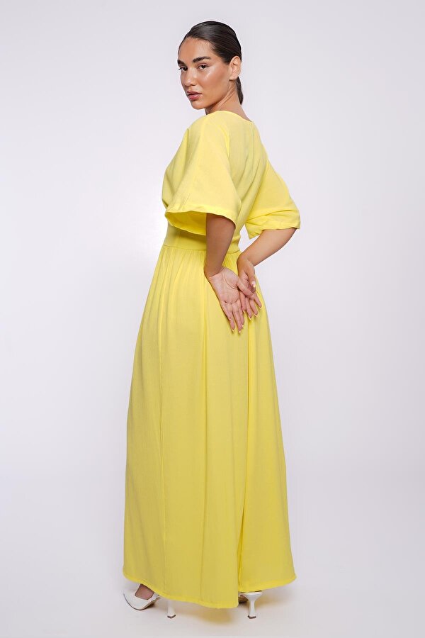 Madmext Sarı V Yaka Düğmeli Elbise Mg2339