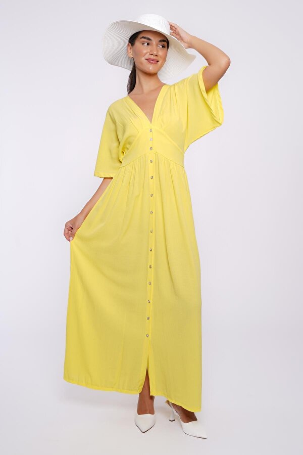 Madmext Sarı V Yaka Düğmeli Elbise Mg2339