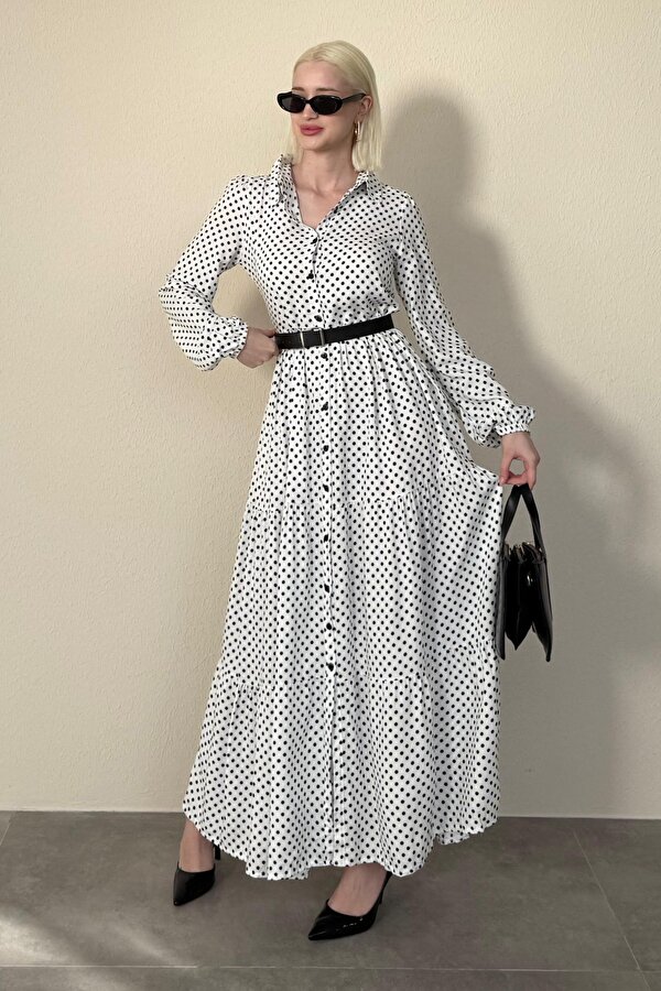 Madmext Beyaz Düğmeli Puantiyeli Uzun Elbise MG2404