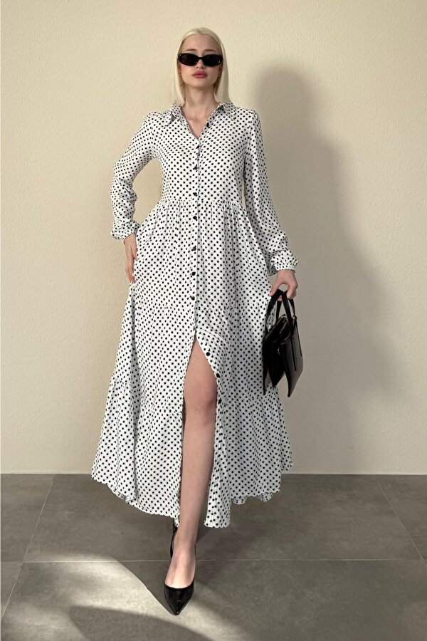 Madmext Beyaz Düğmeli Puantiyeli Uzun Elbise MG2404
