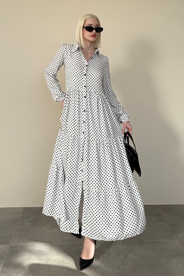 Madmext Beyaz Düğmeli Puantiyeli Uzun Elbise MG2404