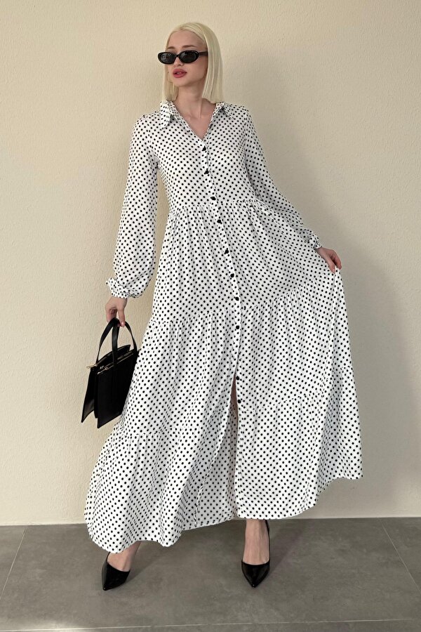 Madmext Beyaz Düğmeli Puantiyeli Uzun Elbise MG2404