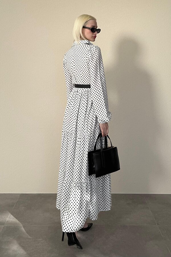 Madmext Beyaz Düğmeli Puantiyeli Uzun Elbise MG2404