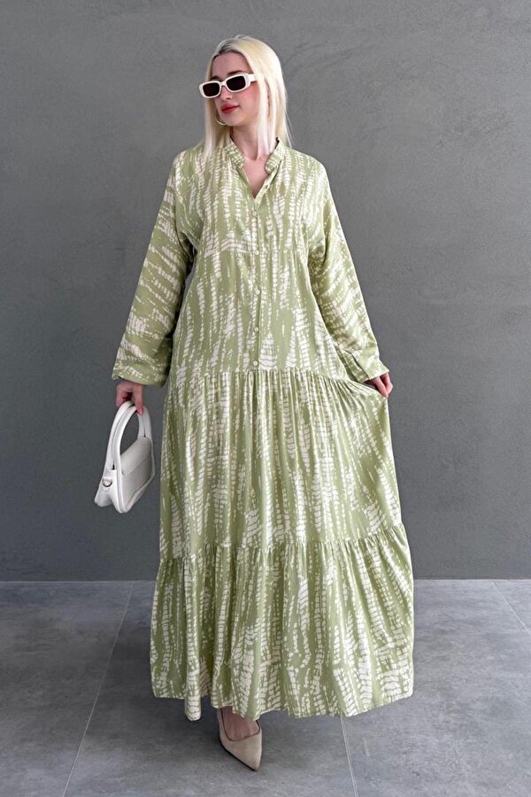 Madmext Yeşil Desenli Önü Düğmeli  Uzun Kollu Elbise MG2398
