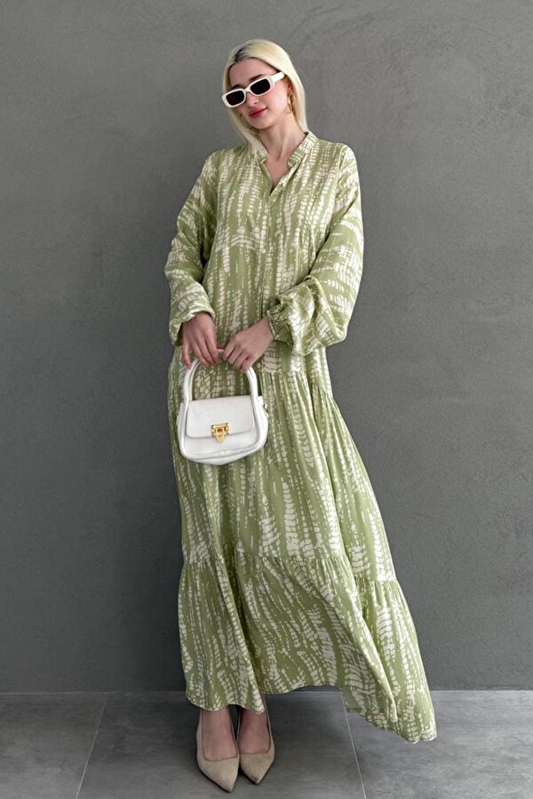 Madmext Yeşil Desenli Önü Düğmeli  Uzun Kollu Elbise MG2398