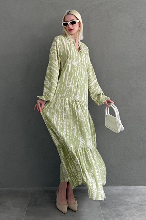 Madmext Yeşil Desenli Önü Düğmeli  Uzun Kollu Elbise MG2398