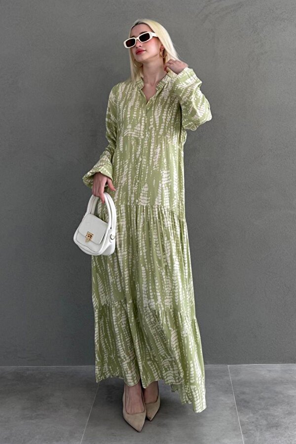 Madmext Yeşil Desenli Önü Düğmeli  Uzun Kollu Elbise MG2398