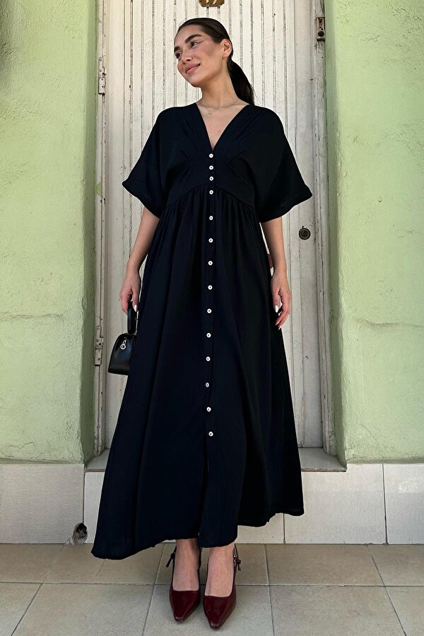 Madmext Siyah V Yaka Düğmeli Elbise Mg2339