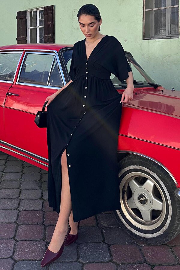 Madmext Siyah V Yaka Düğmeli Elbise Mg2339