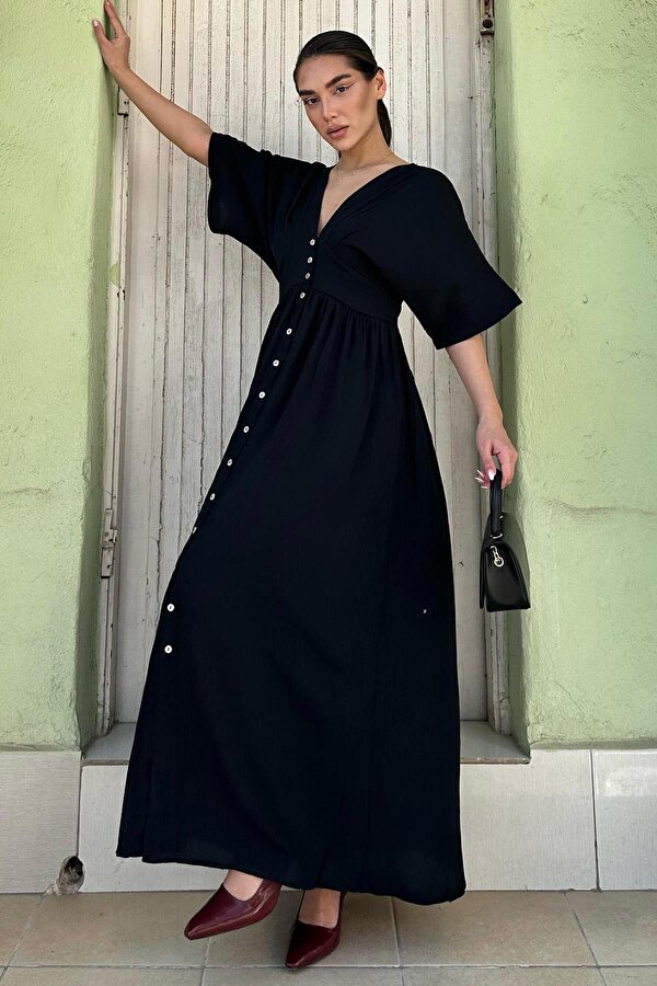 Madmext Siyah V Yaka Düğmeli Elbise Mg2339