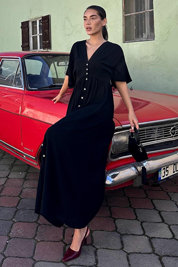 Madmext Siyah V Yaka Düğmeli Elbise Mg2339