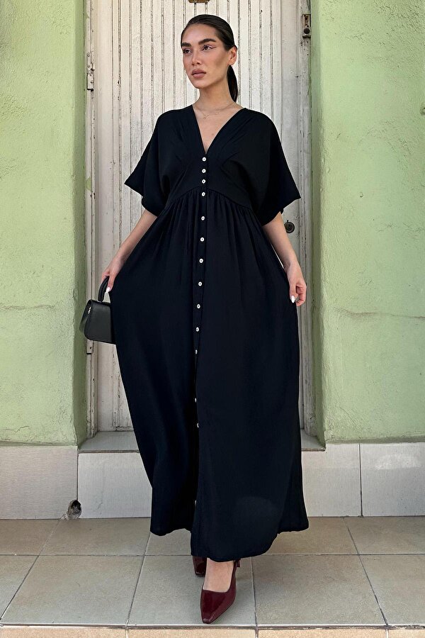 Madmext Siyah V Yaka Düğmeli Elbise Mg2339