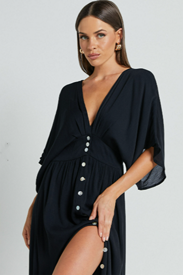 Madmext Siyah V Yaka Düğmeli Elbise Mg2339