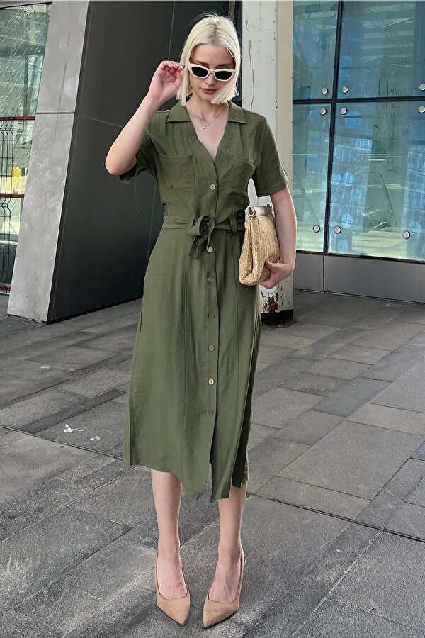 Madmext Yeşil Gömlek Yaka Cep Detaylı Düğmeli Uzun Elbise MG2083
