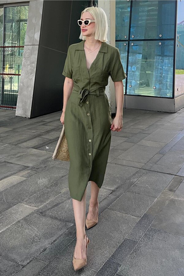 Madmext Yeşil Gömlek Yaka Cep Detaylı Düğmeli Uzun Elbise MG2083