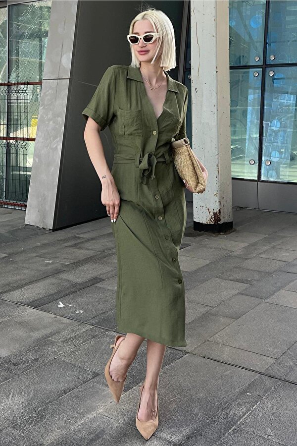 Madmext Yeşil Gömlek Yaka Cep Detaylı Düğmeli Uzun Elbise MG2083