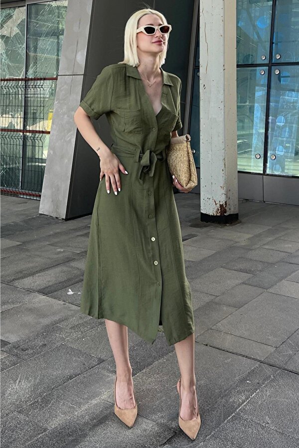 Madmext Yeşil Gömlek Yaka Cep Detaylı Düğmeli Uzun Elbise MG2083