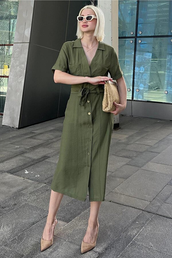 Madmext Yeşil Gömlek Yaka Cep Detaylı Düğmeli Uzun Elbise MG2083